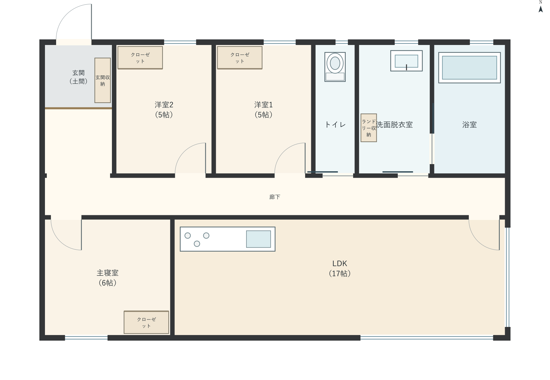 H001：3LDK、北玄関、LDK 17帖の平屋間取り図