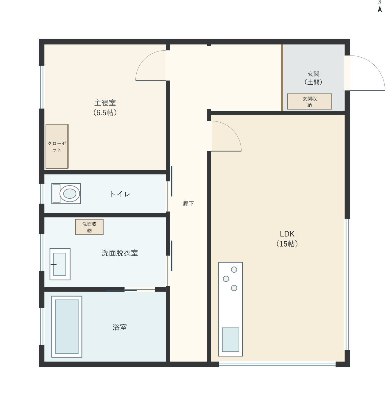 H002：1LDK、東玄関、LDK 15帖の平屋間取り図