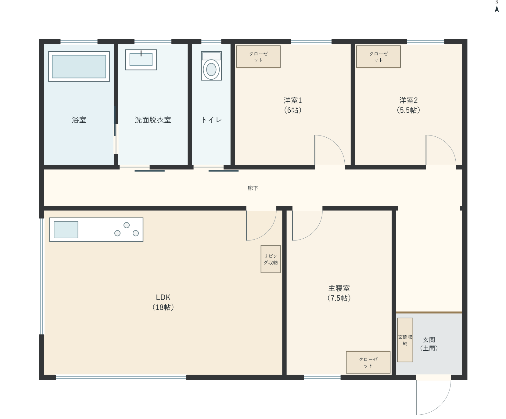 H003：3LDK、南玄関、LDK 18帖の平屋間取り図
