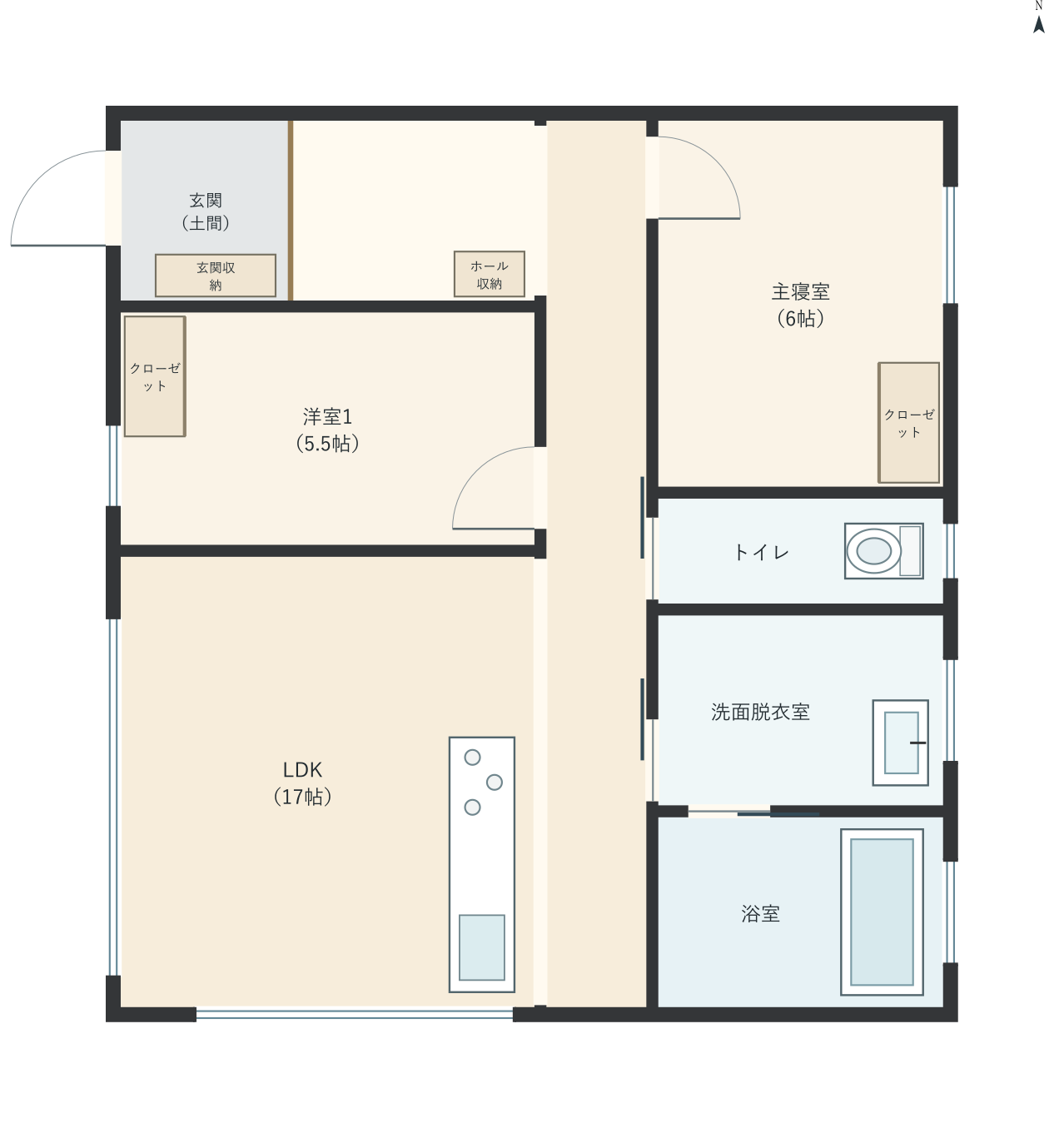 H004：2LDK、西玄関、LDK 17帖の平屋間取り図