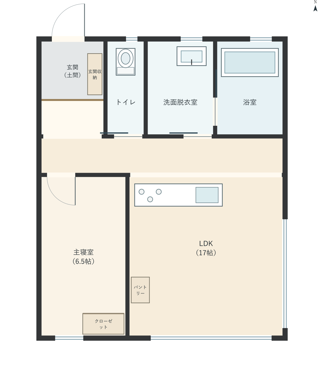 H005：1LDK、北玄関、LDK 17帖の平屋間取り図