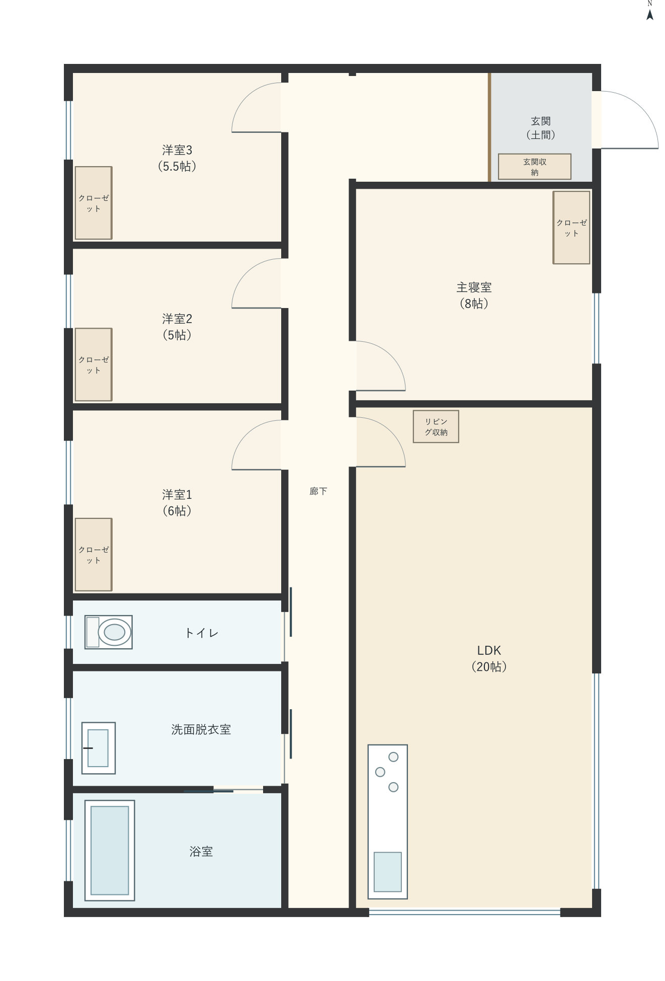 H006：4LDK、東玄関、LDK 20帖の平屋間取り図
