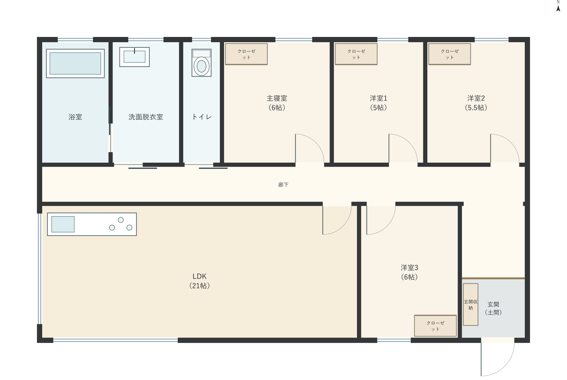 H007：4LDK、南玄関、LDK 21帖の平屋間取り図