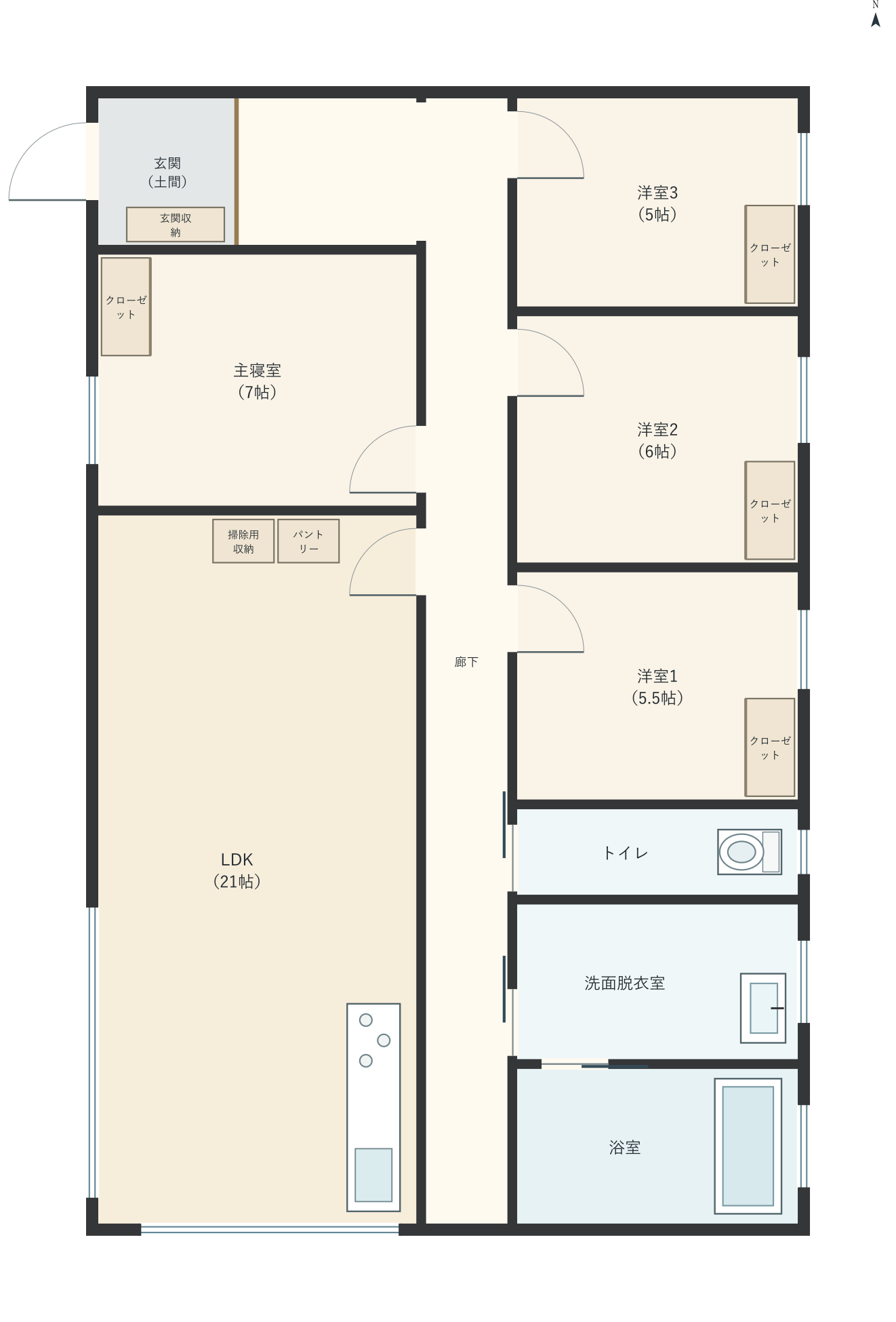 H008：4LDK、西玄関、LDK 21帖の平屋間取り図