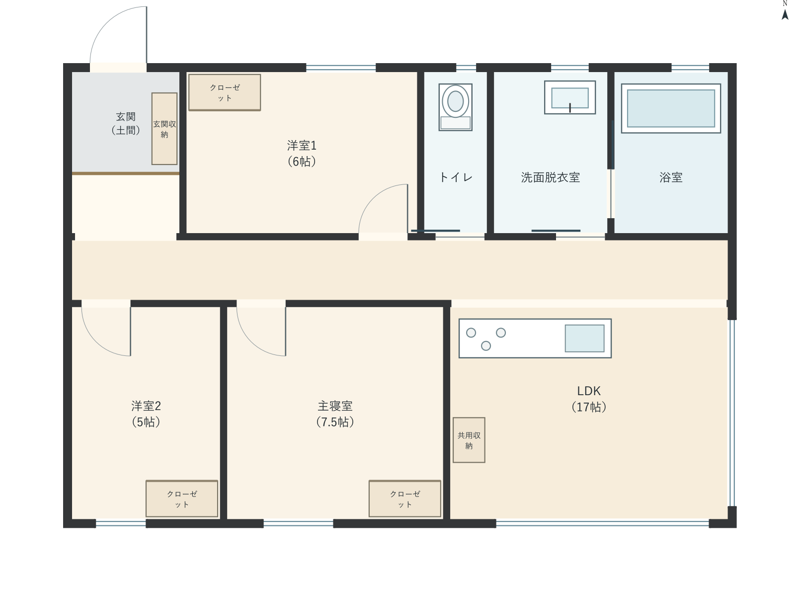 H009：3LDK、北玄関、LDK 17帖の平屋間取り図