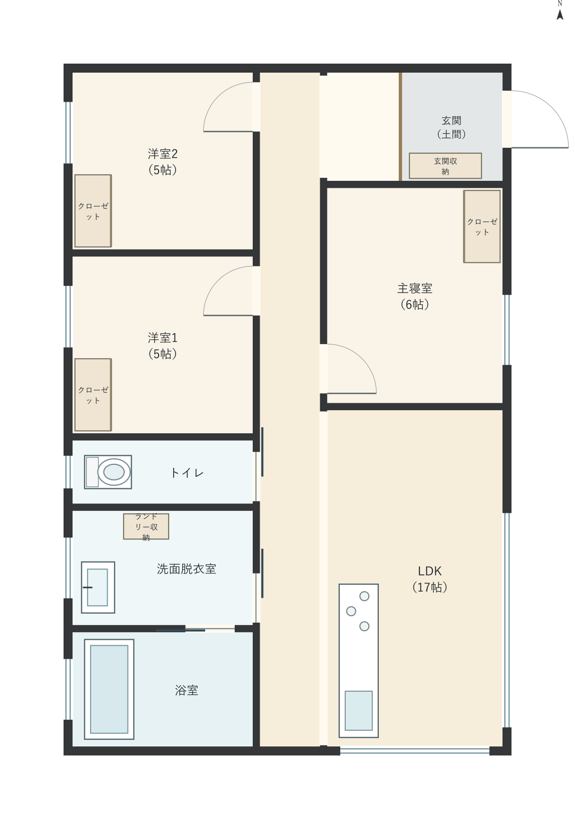 H010：3LDK、東玄関、LDK 17帖の平屋間取り図