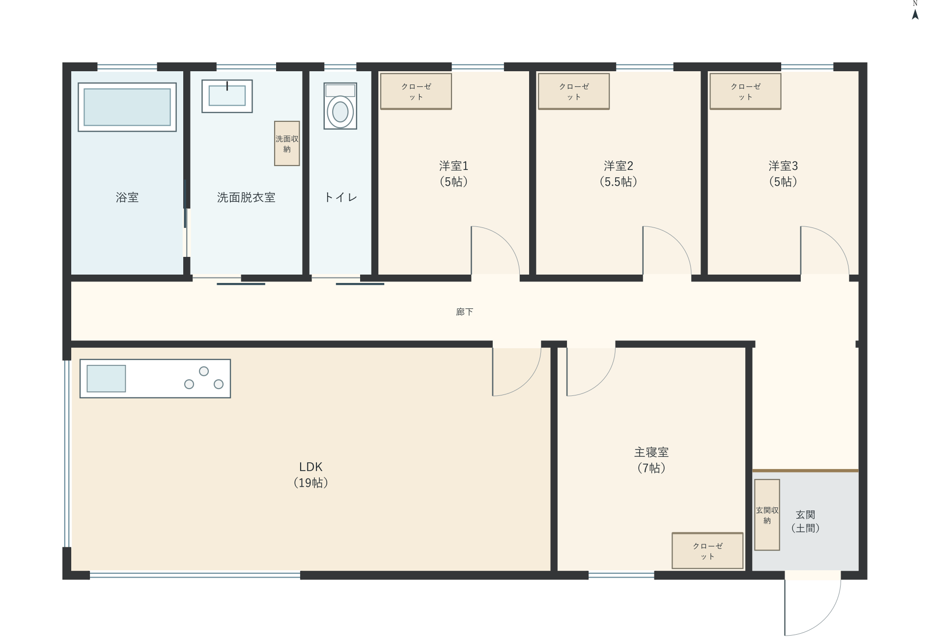 H011：4LDK、南玄関、LDK 19帖の平屋間取り図