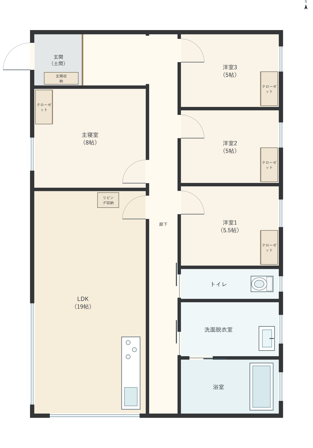 H012：4LDK、西玄関、LDK 19帖の平屋間取り図