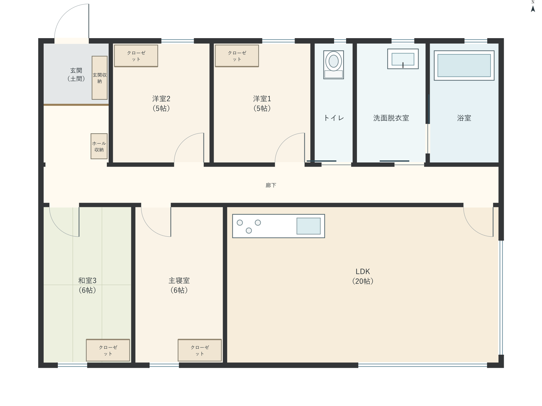 H013：4LDK、北玄関、LDK 20帖の平屋間取り図