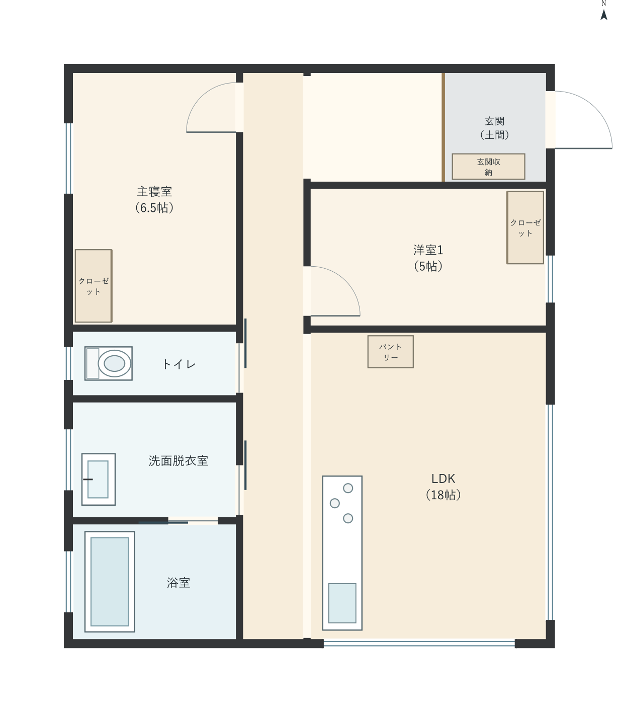 H014：2LDK、東玄関、LDK 18帖の平屋間取り図