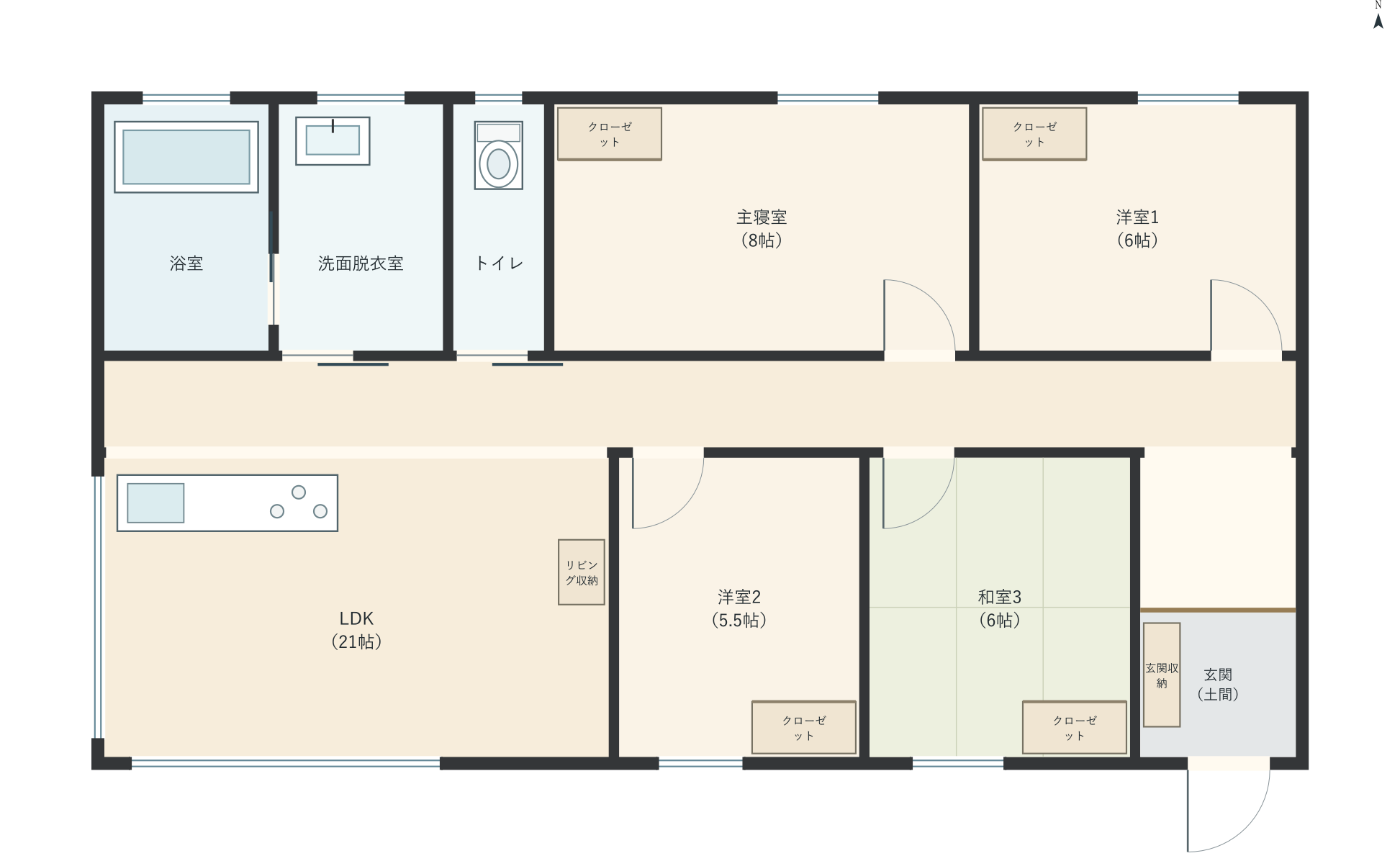 H015：4LDK、南玄関、LDK 21帖の平屋間取り図