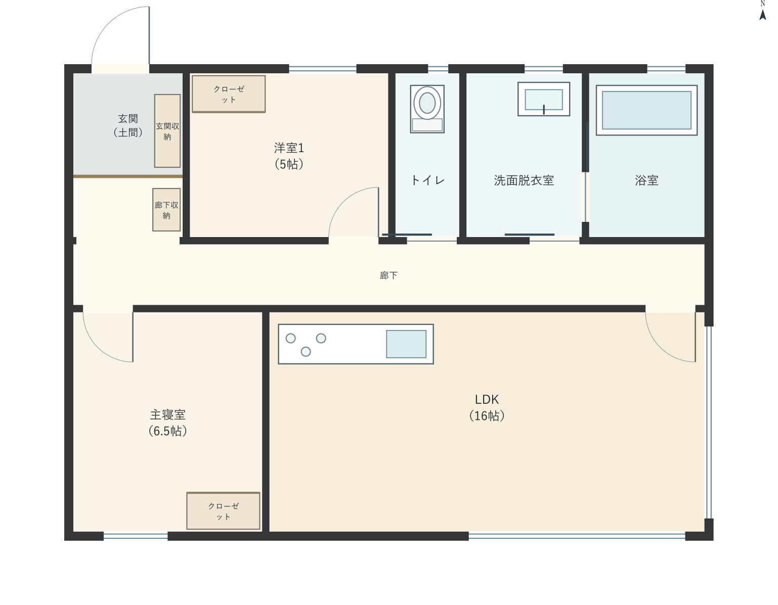 H017：2LDK、北玄関、LDK 16帖の平屋間取り図