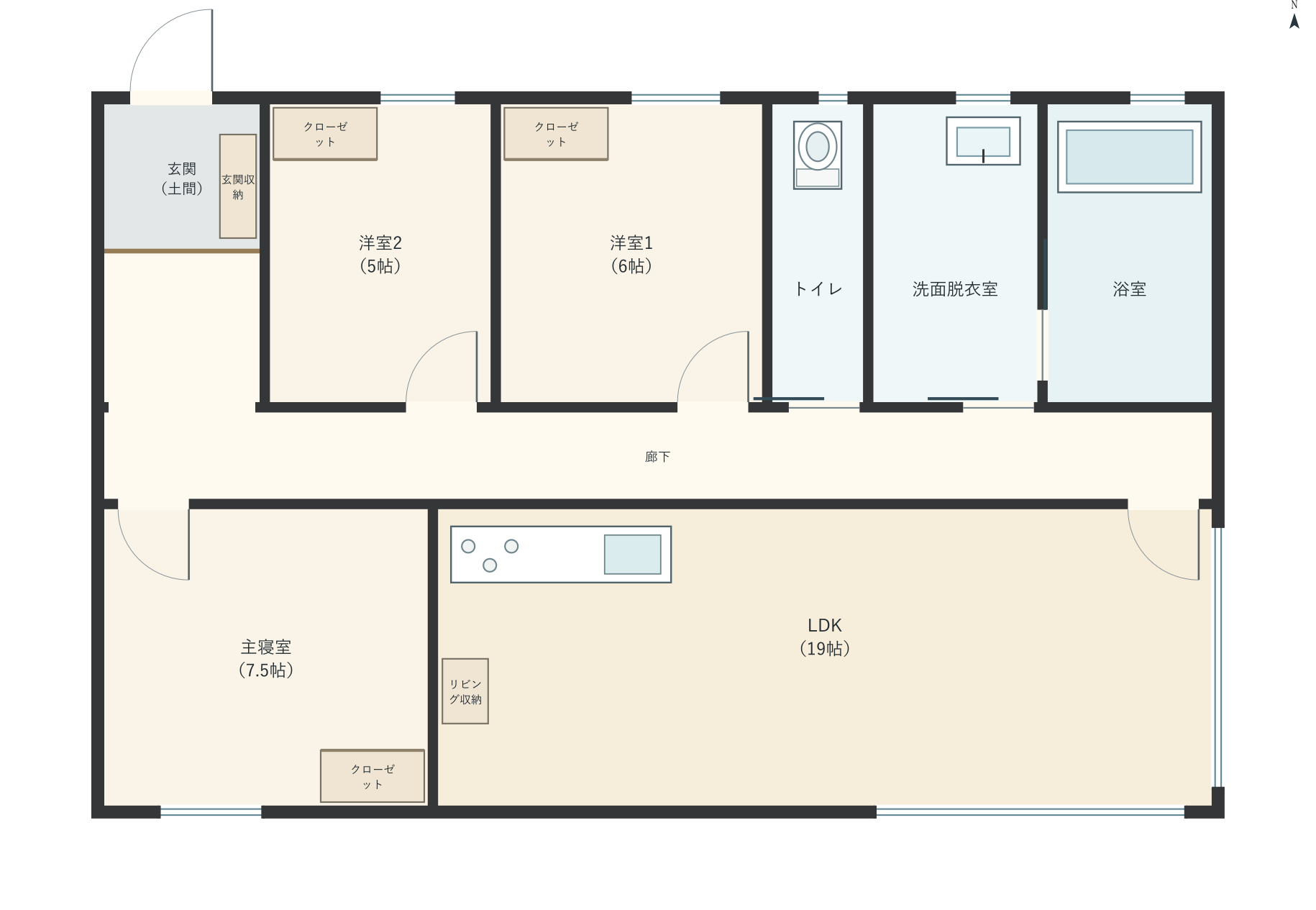 H021：3LDK、北玄関、LDK 19帖の平屋間取り図