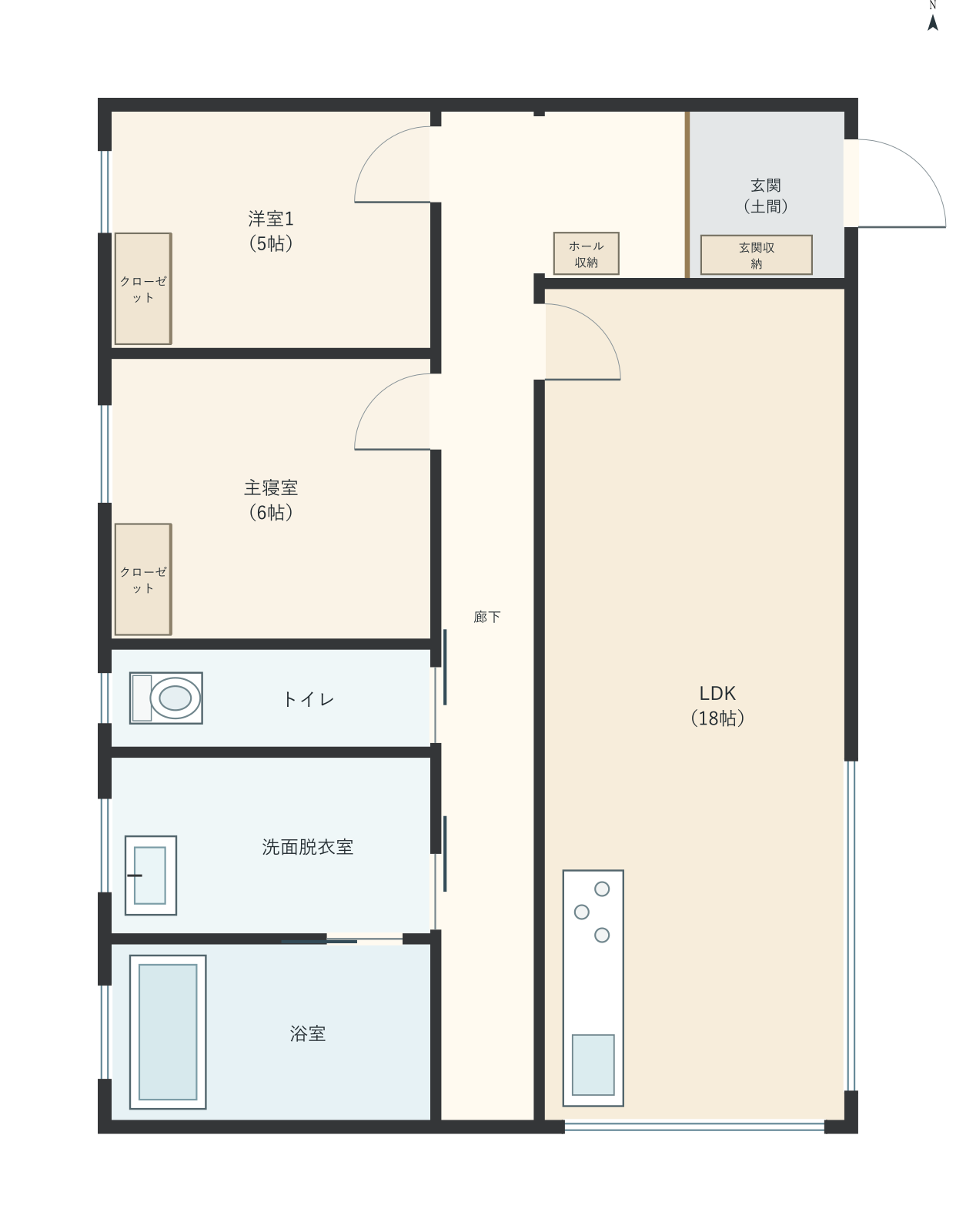 H022：2LDK、東玄関、LDK 18帖の平屋間取り図