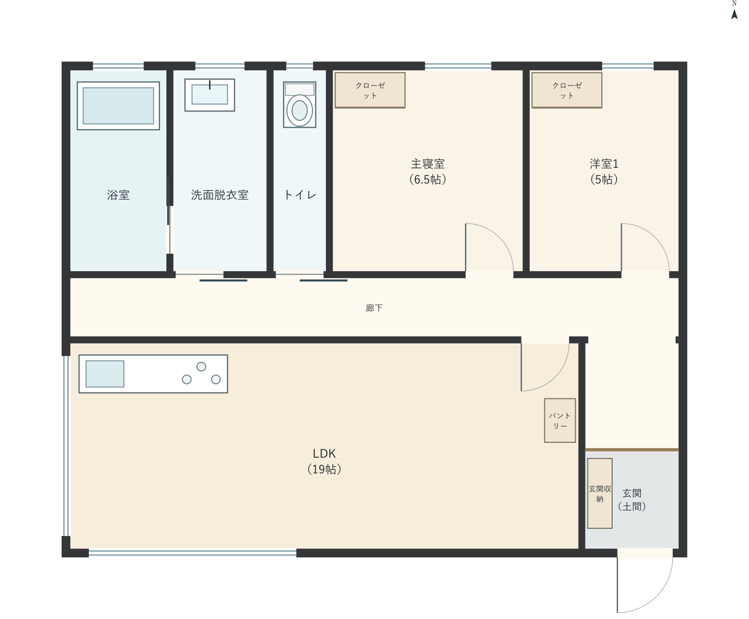 H023：2LDK、南玄関、LDK 19帖の平屋間取り図