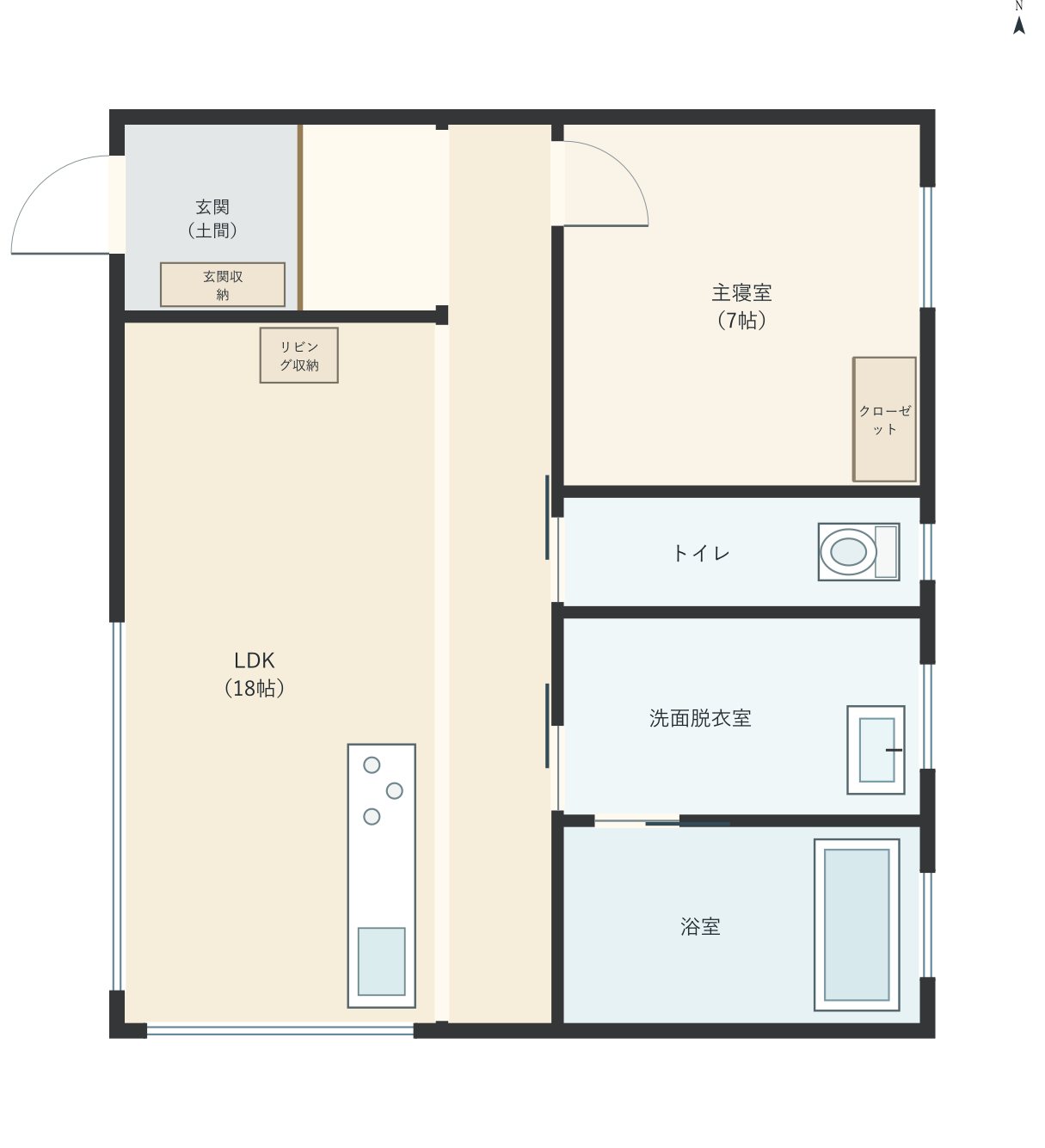 H024：1LDK、西玄関、LDK 18帖の平屋間取り図
