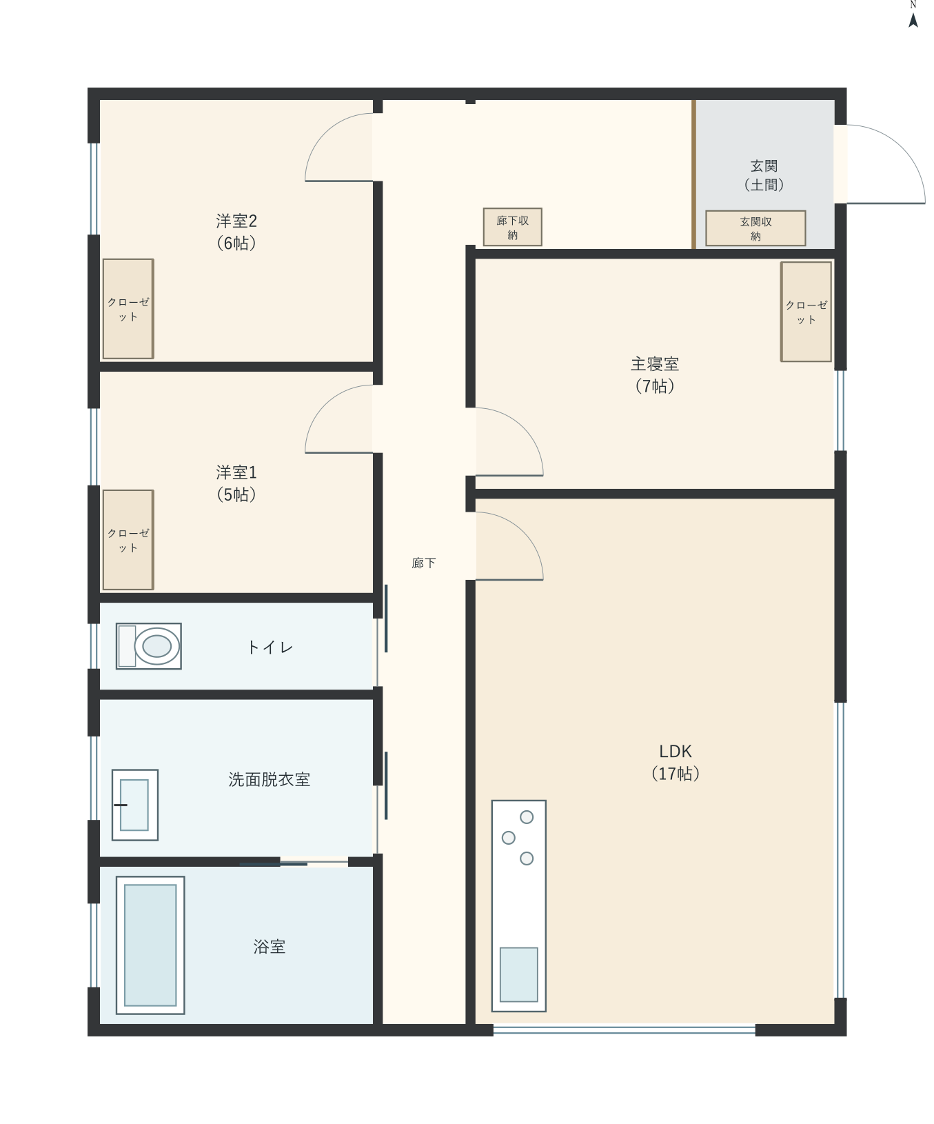 H026：3LDK、東玄関、LDK 17帖の平屋間取り図