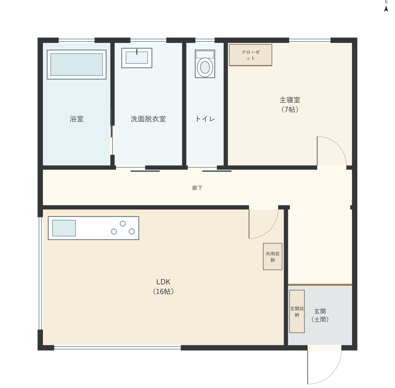 H027：1LDK、南玄関、LDK 16帖の平屋間取り図