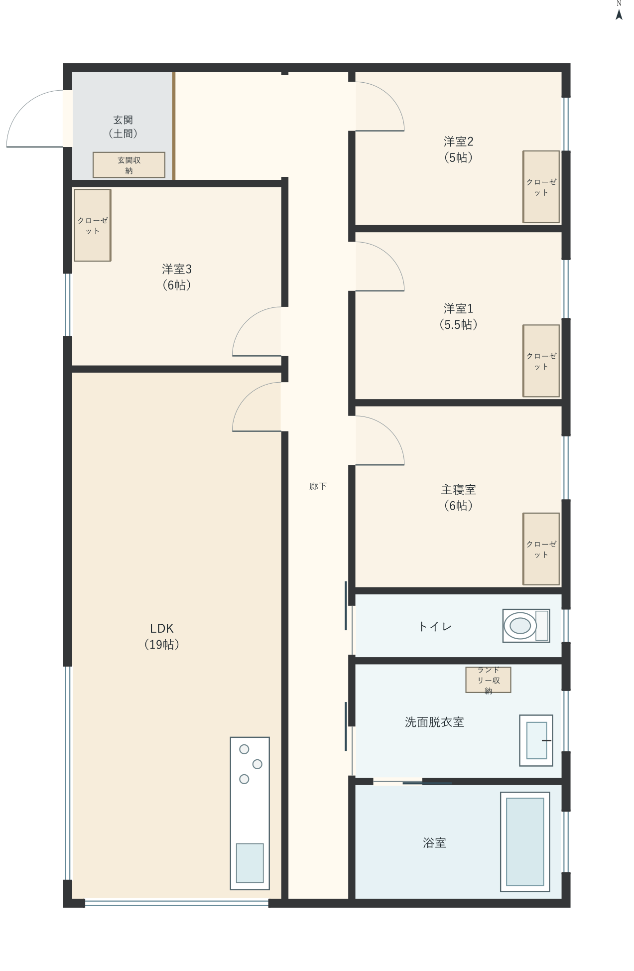 H028：4LDK、西玄関、LDK 19帖の平屋間取り図