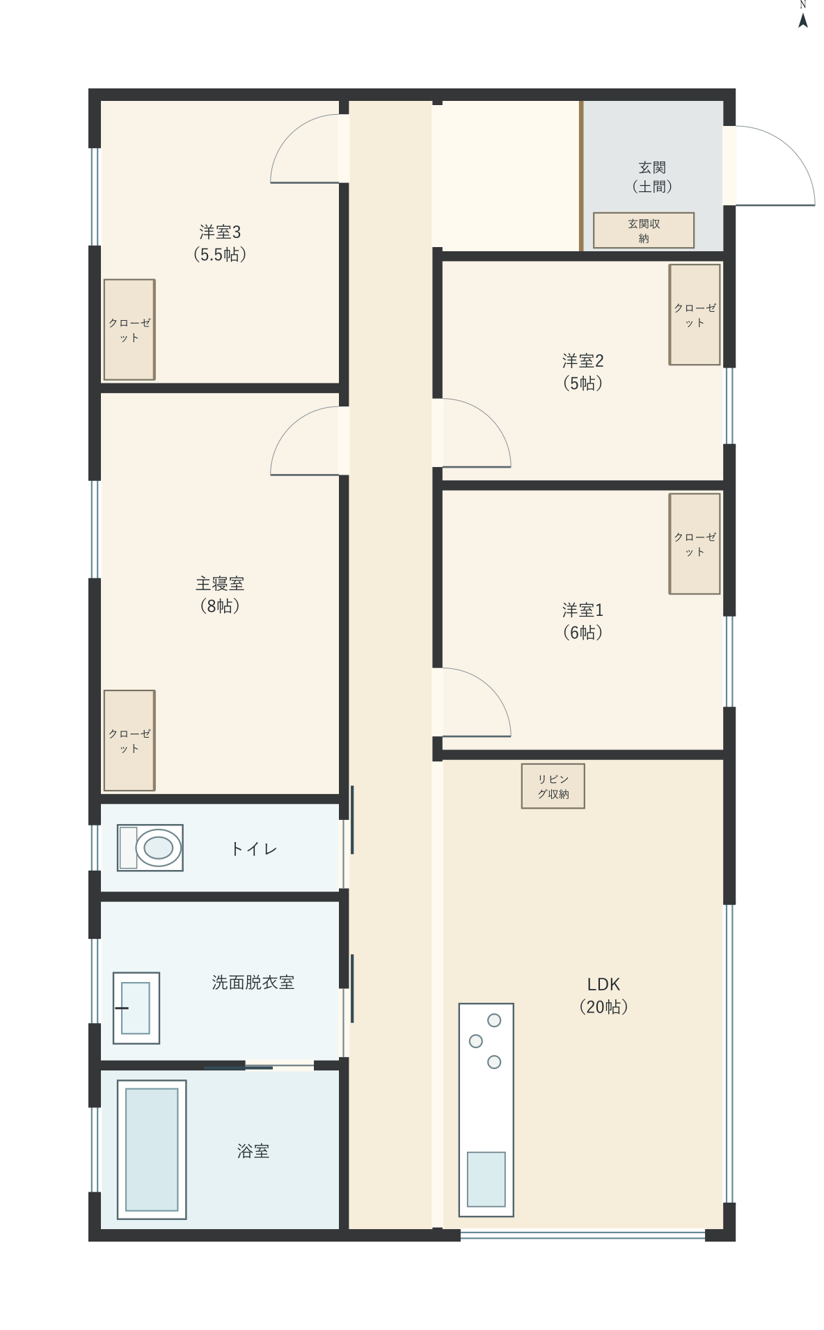 H030：4LDK、東玄関、LDK 20帖の平屋間取り図
