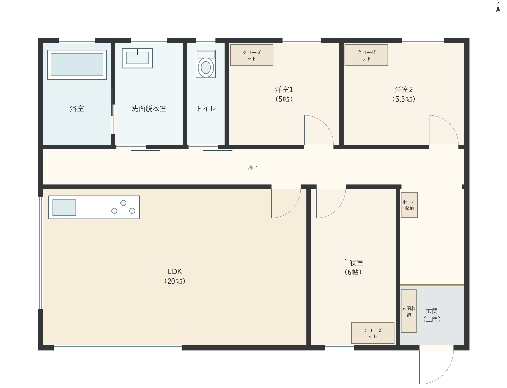 H031：3LDK、南玄関、LDK 20帖の平屋間取り図