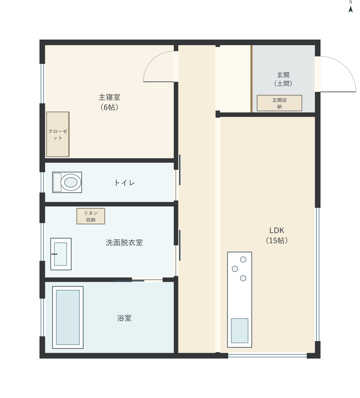 H034：1LDK、東玄関、LDK 15帖の平屋間取り図