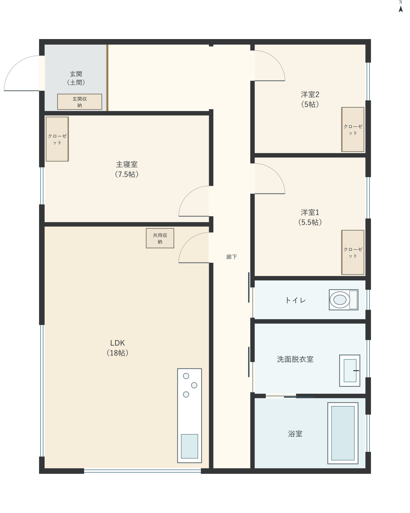 H036：3LDK、西玄関、LDK 18帖の平屋間取り図