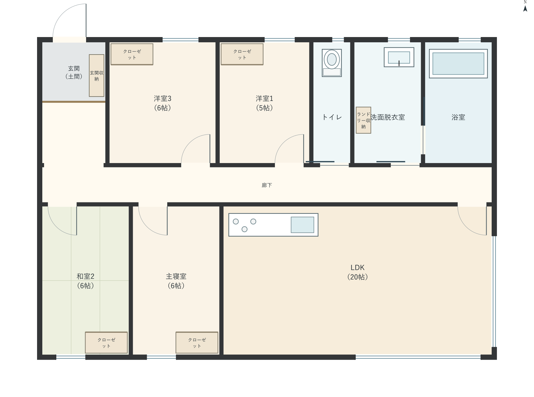 H037：4LDK、北玄関、LDK 20帖の平屋間取り図