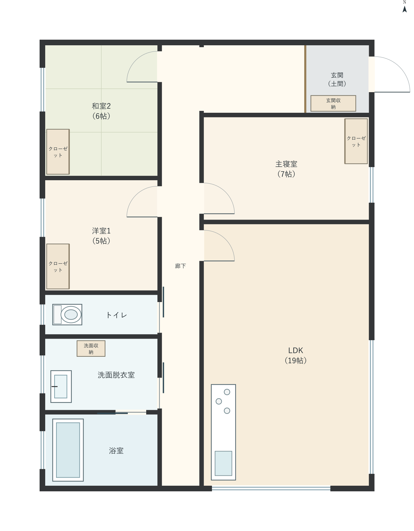 H038：3LDK、東玄関、LDK 19帖の平屋間取り図