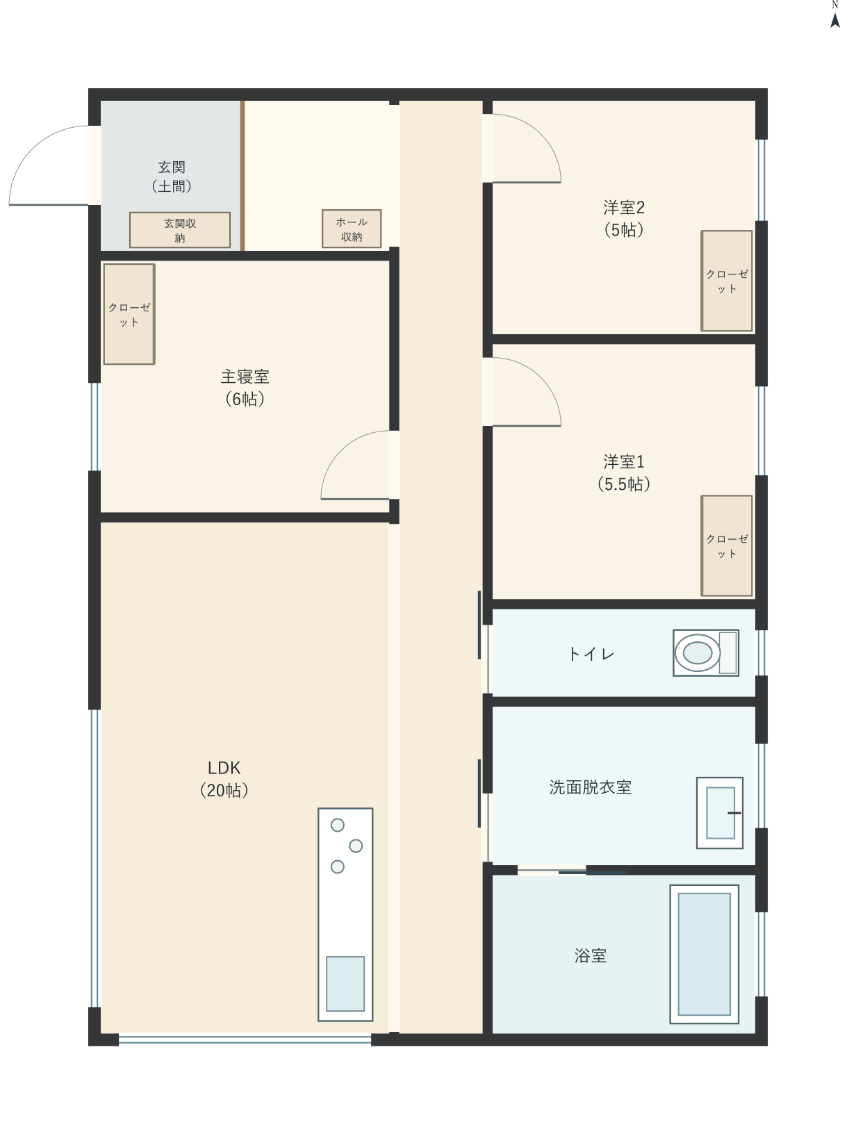 H040：3LDK、西玄関、LDK 20帖の平屋間取り図
