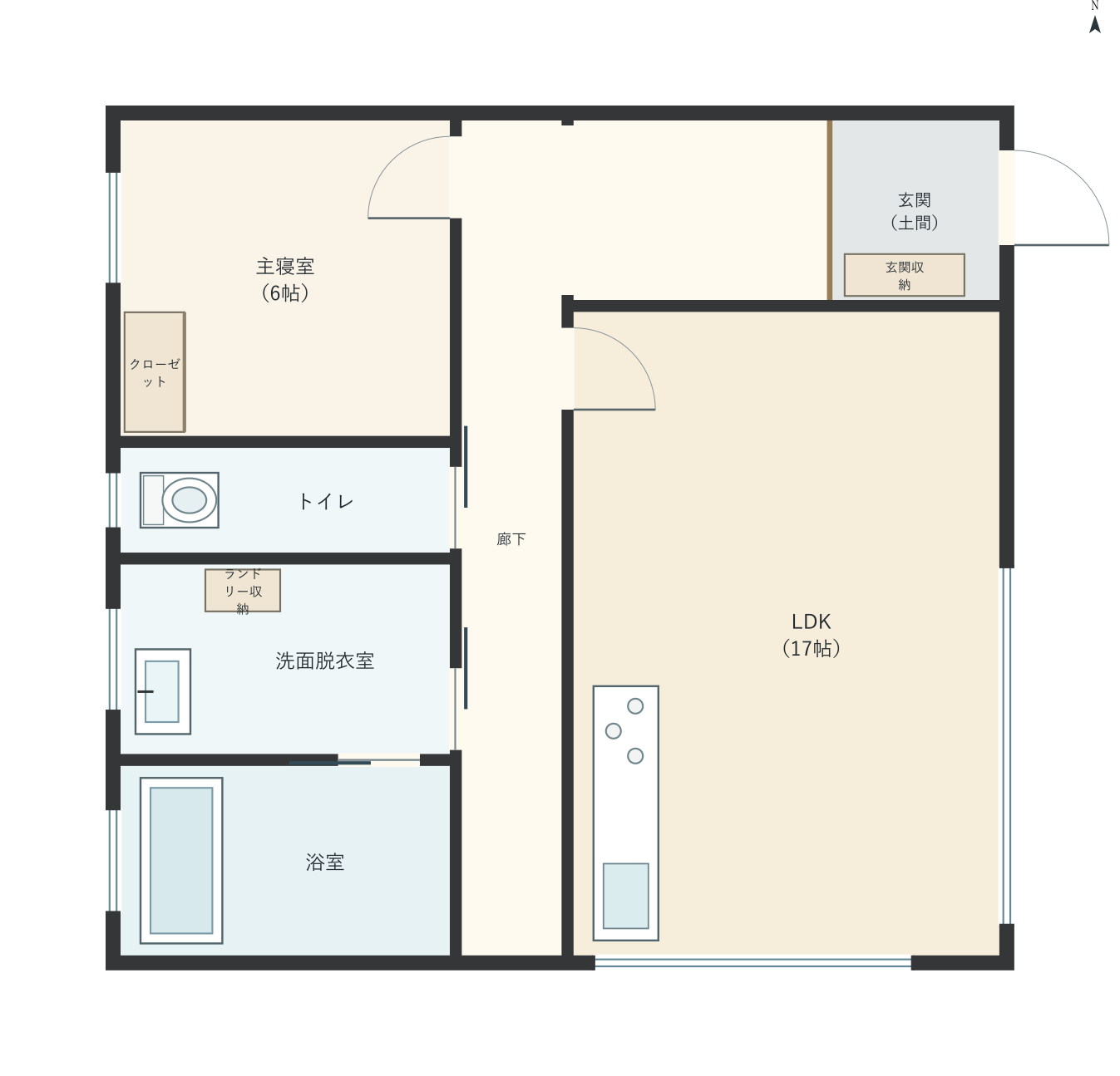 H046：1LDK、東玄関、LDK 17帖の平屋間取り図