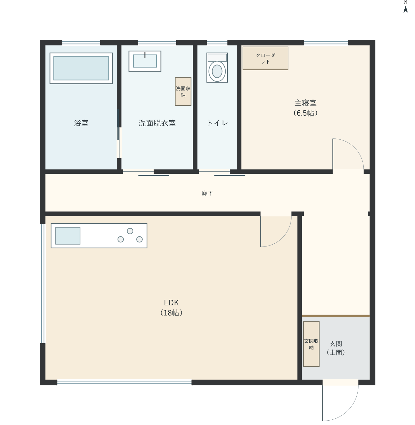 H047：1LDK、南玄関、LDK 18帖の平屋間取り図