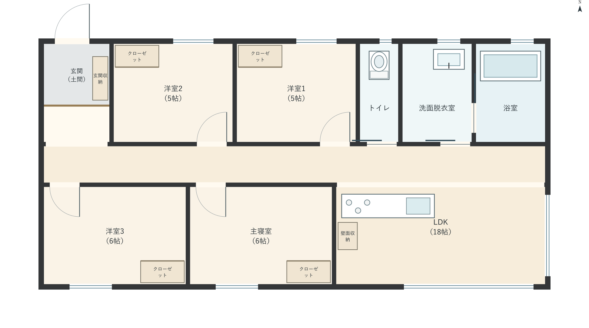 H049：4LDK、北玄関、LDK 18帖の平屋間取り図