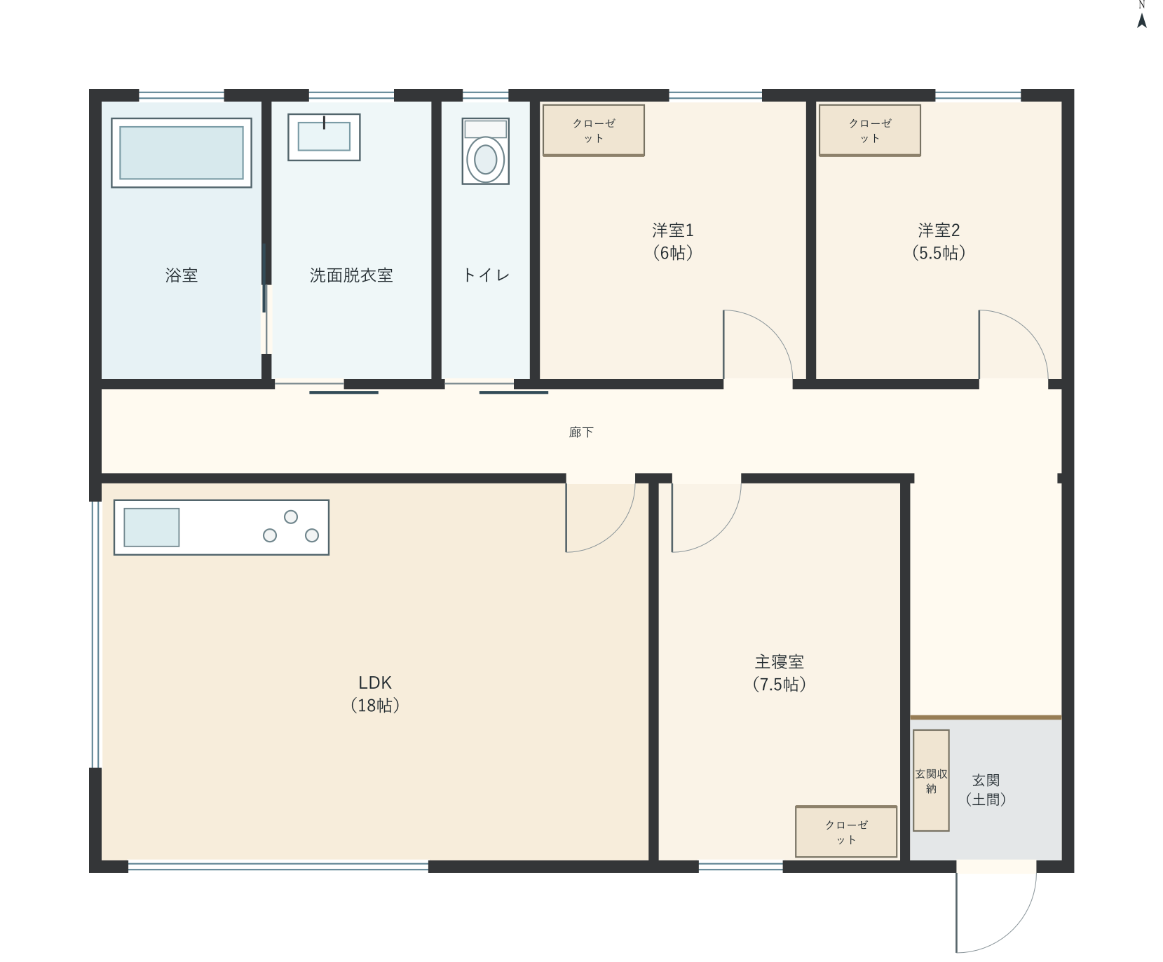 H051：3LDK、南玄関、LDK 18帖の平屋間取り図