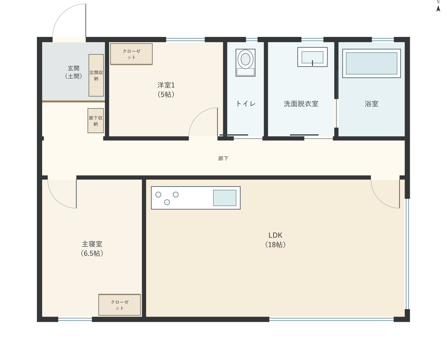 H053：2LDK、北玄関、LDK 18帖の平屋間取り図