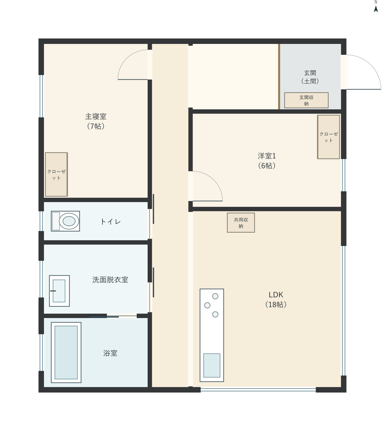 H054：2LDK、東玄関、LDK 18帖の平屋間取り図