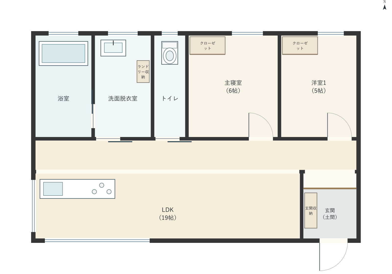 H055：2LDK、南玄関、LDK 19帖の平屋間取り図