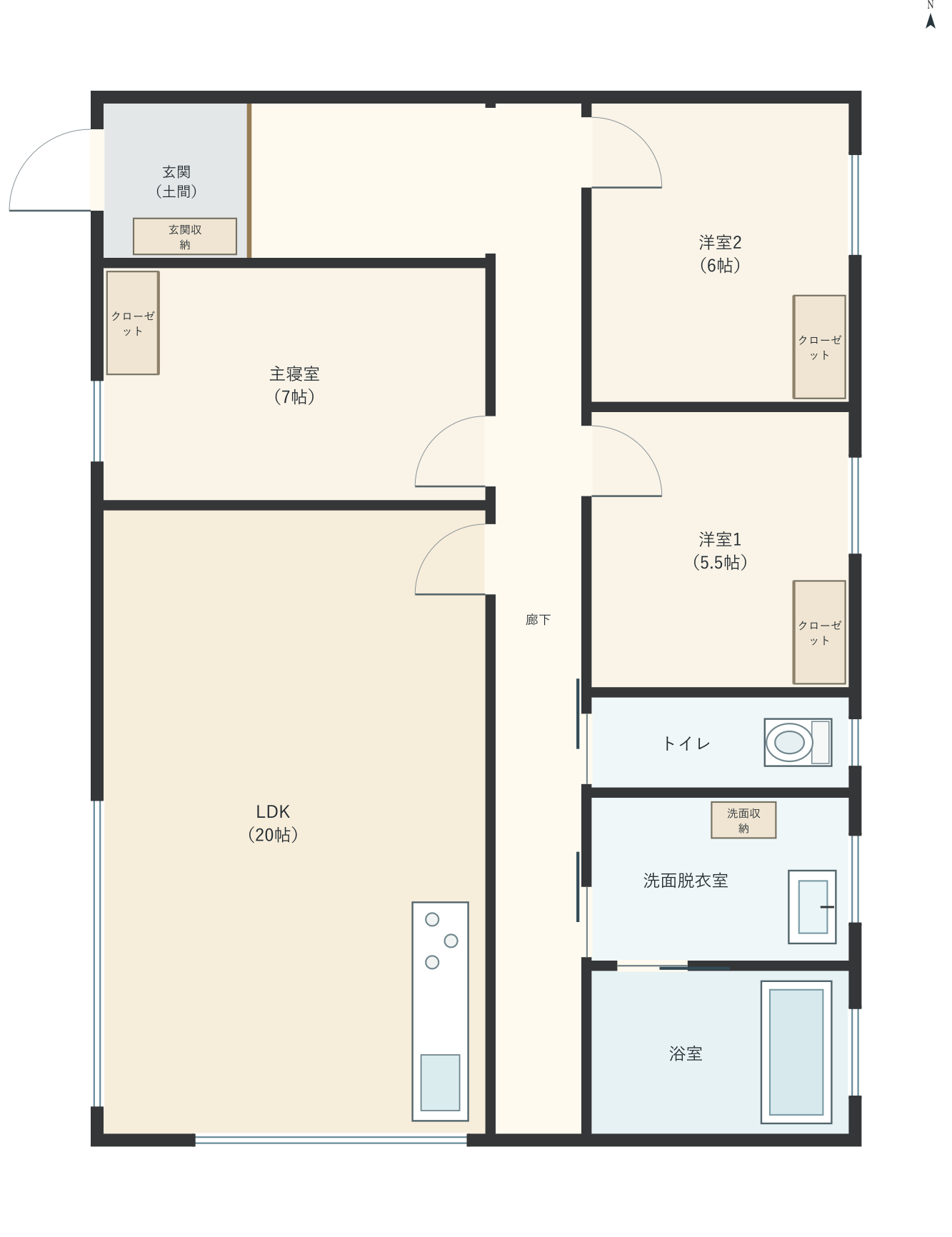 H056：3LDK、西玄関、LDK 20帖の平屋間取り図