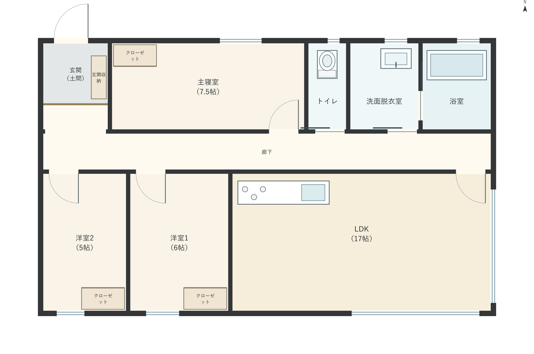 H057：3LDK、北玄関、LDK 17帖の平屋間取り図