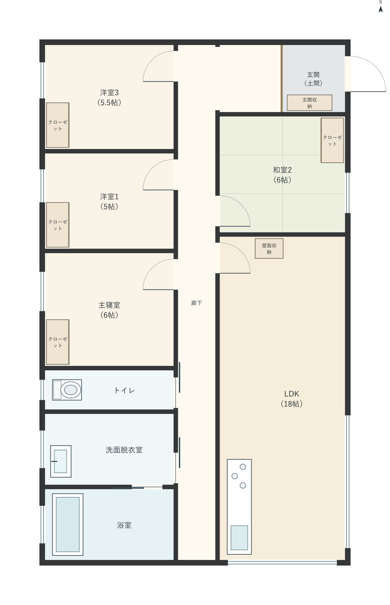 H058：4LDK、東玄関、LDK 18帖の平屋間取り図
