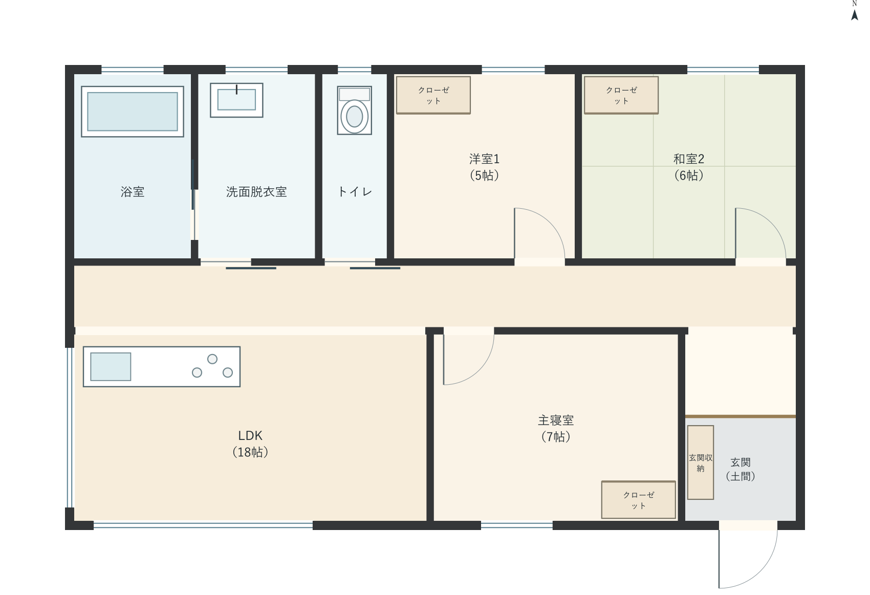 H059：3LDK、南玄関、LDK 18帖の平屋間取り図