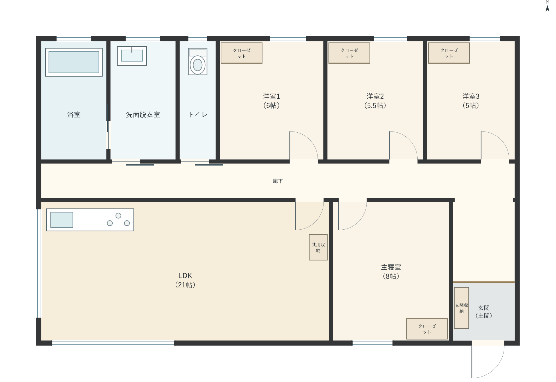 H063：4LDK、南玄関、LDK 21帖の平屋間取り図