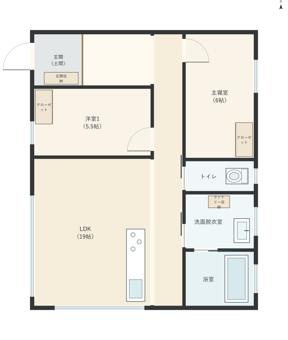 H064：2LDK、西玄関、LDK 19帖の平屋間取り図