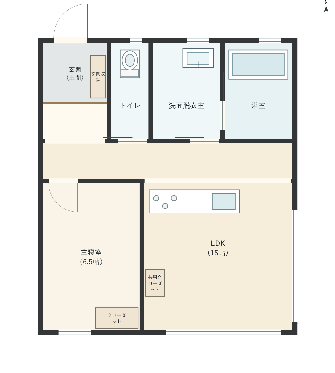 H065：1LDK、北玄関、LDK 15帖の平屋間取り図