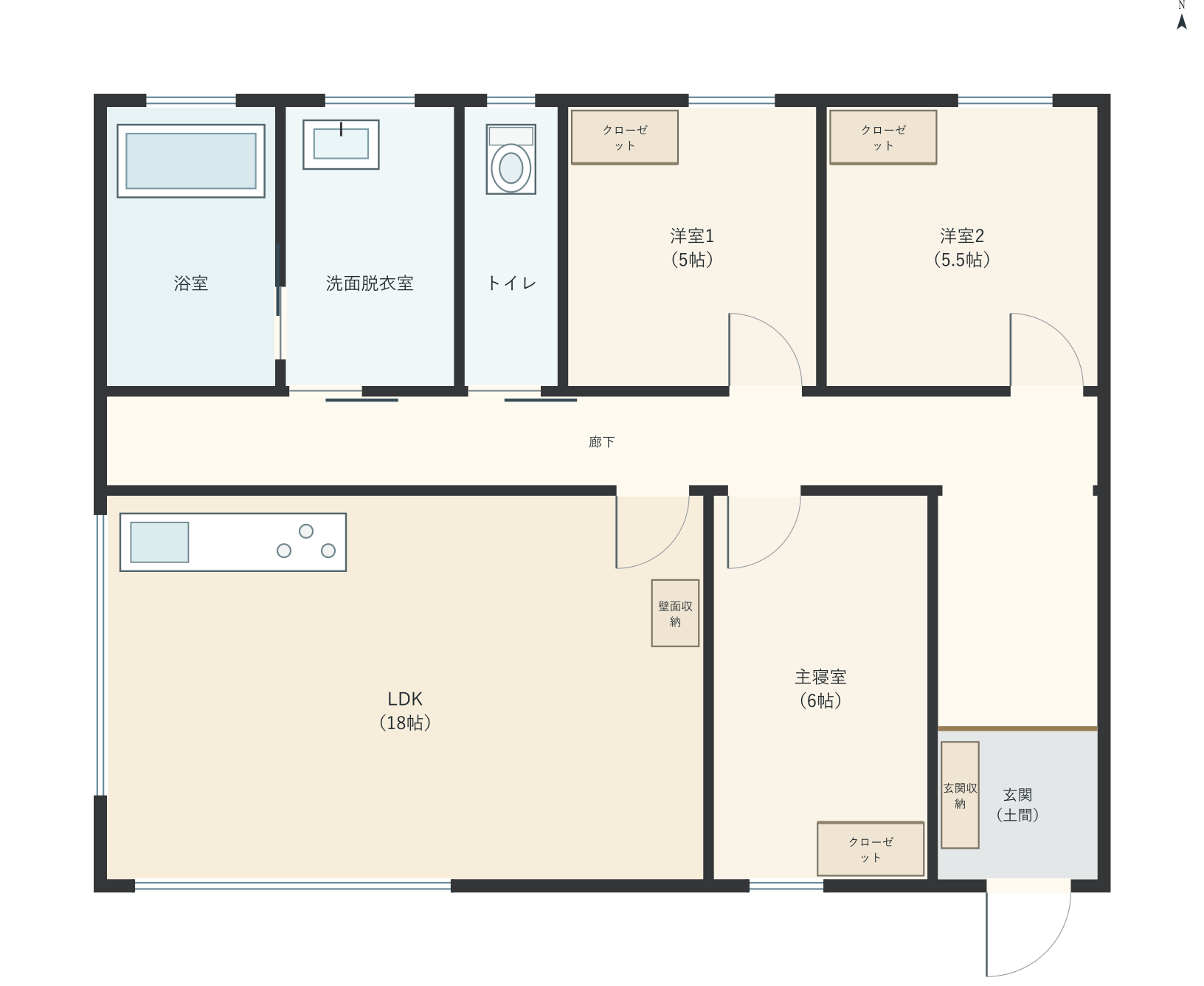H067：3LDK、南玄関、LDK 18帖の平屋間取り図