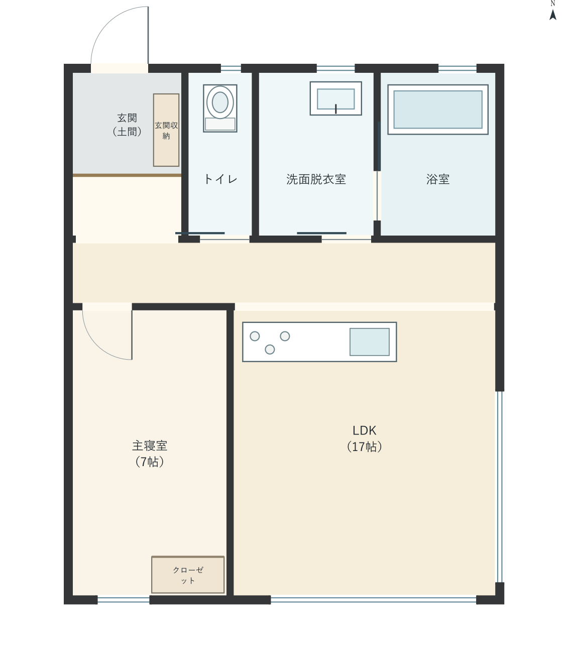 H069：1LDK、北玄関、LDK 17帖の平屋間取り図