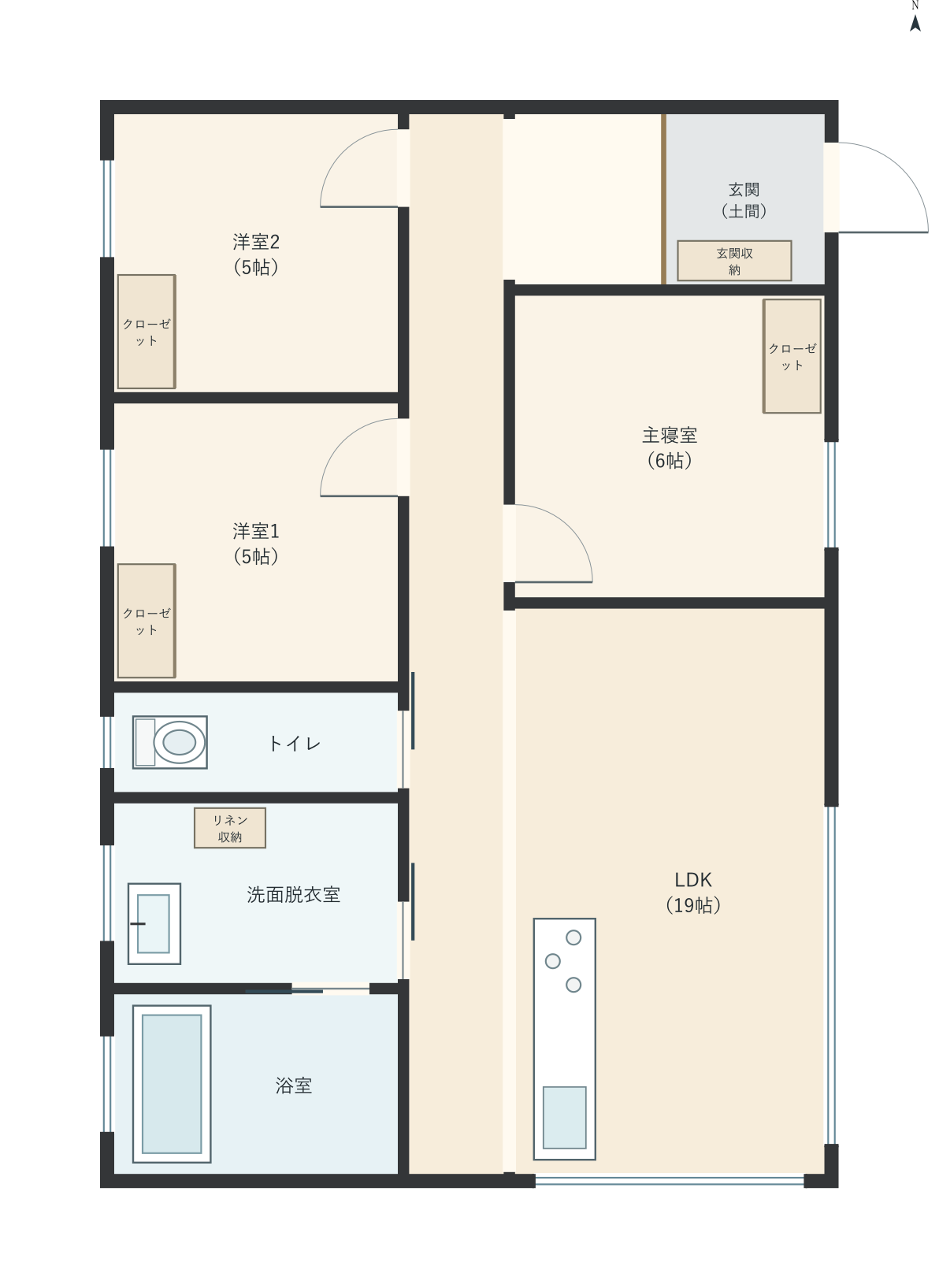H070：3LDK、東玄関、LDK 19帖の平屋間取り図