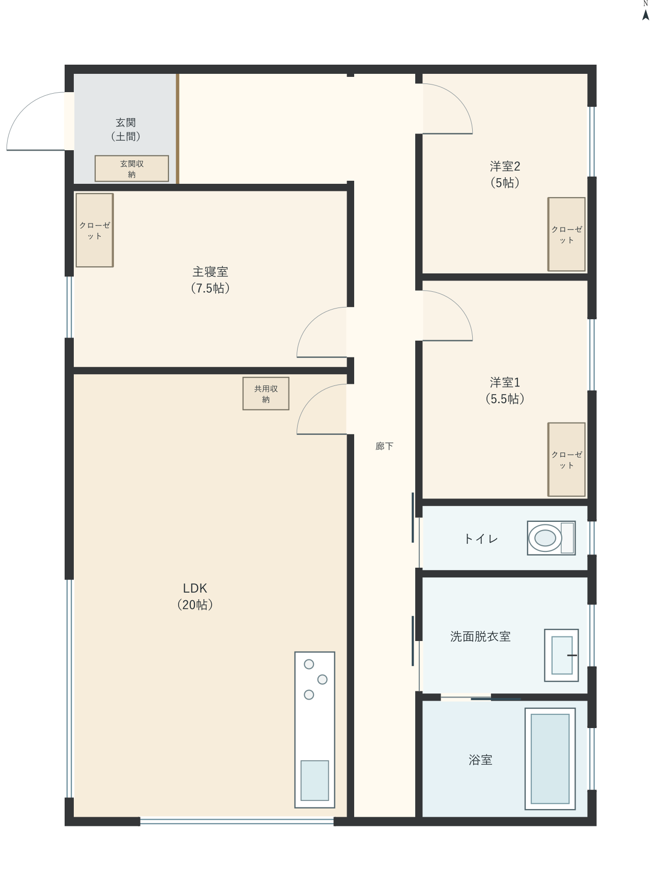H072：3LDK、西玄関、LDK 20帖の平屋間取り図