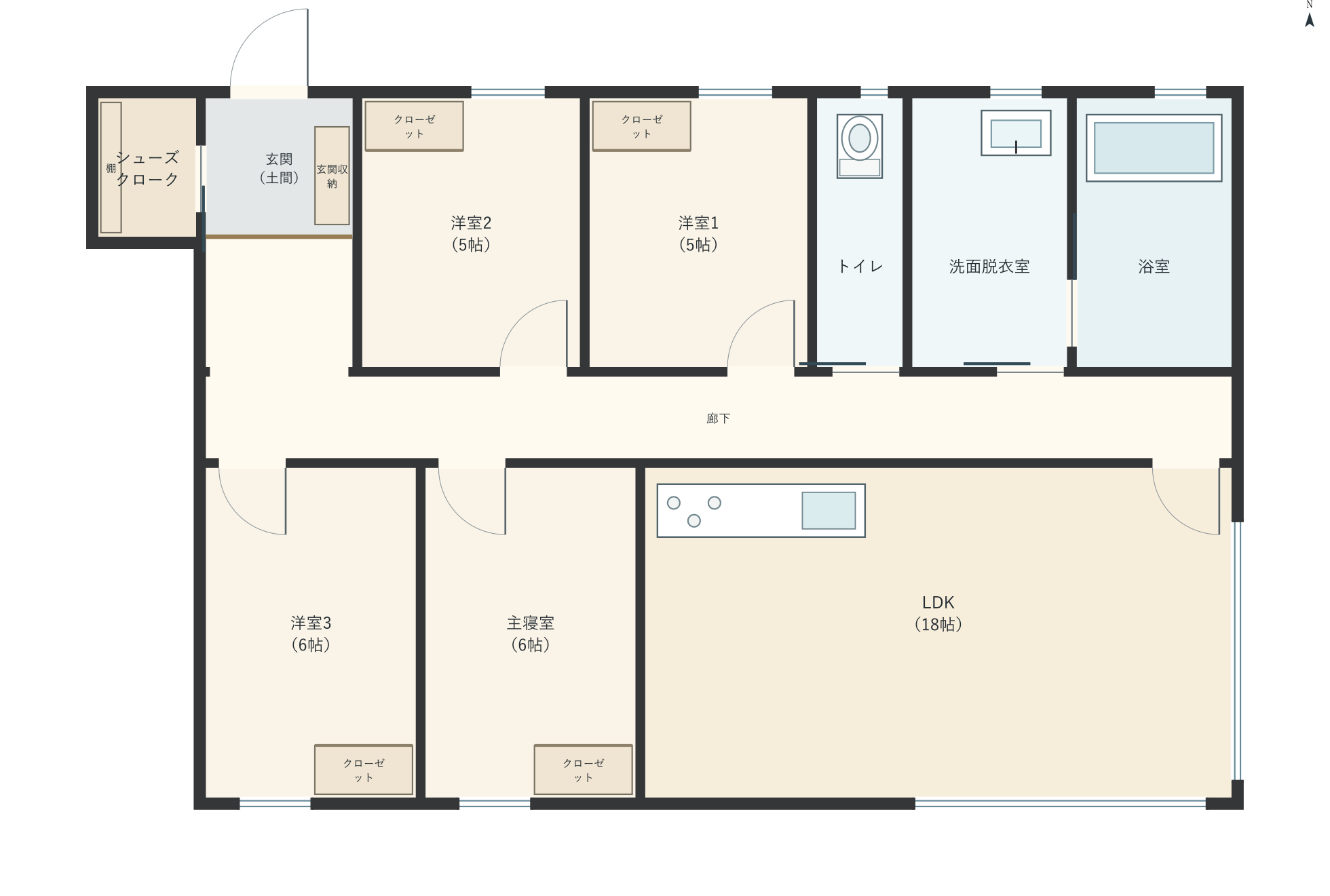 H073：4LDK、北玄関、LDK 18帖の平屋間取り図