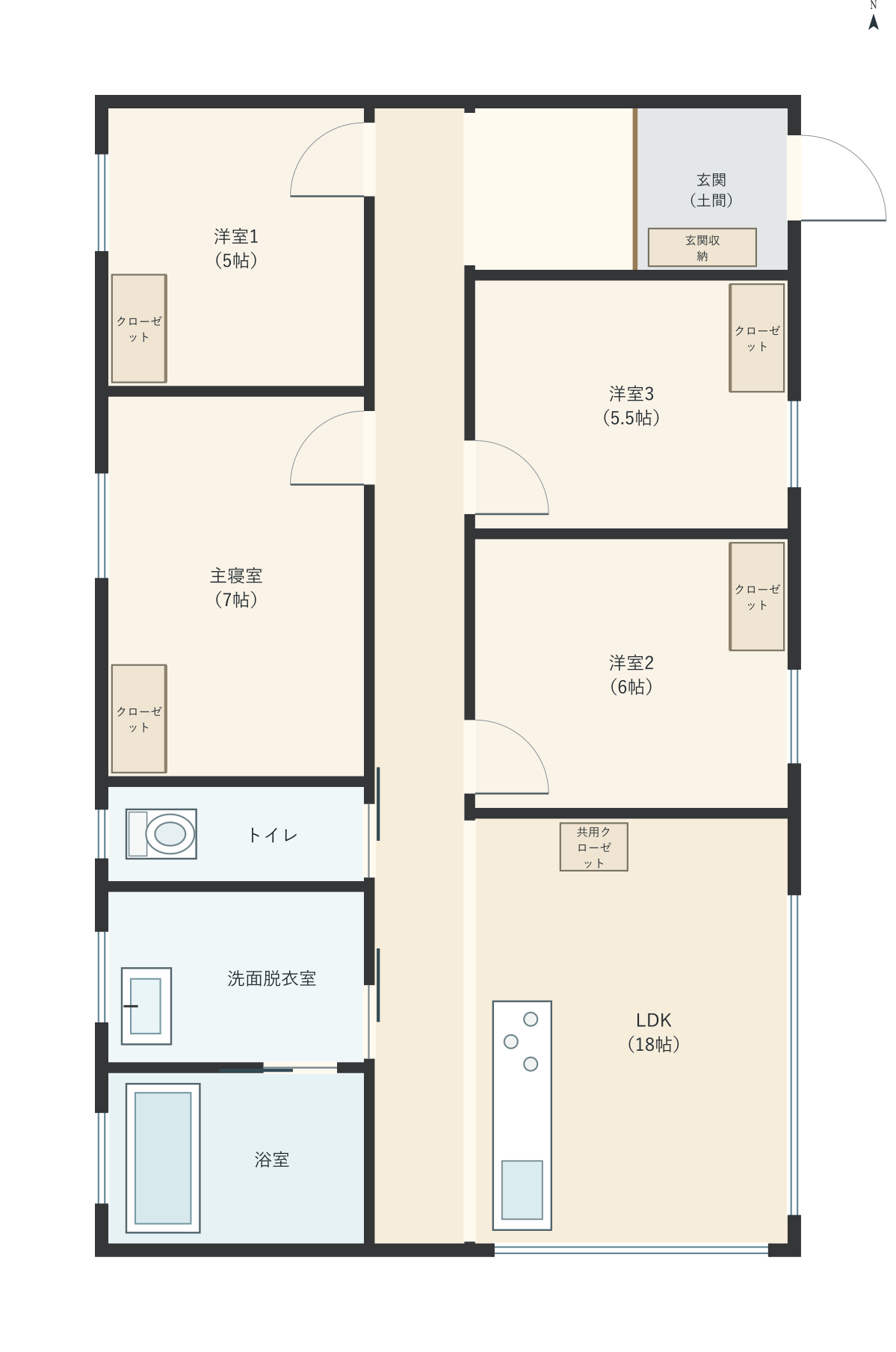 H074：4LDK、東玄関、LDK 18帖の平屋間取り図